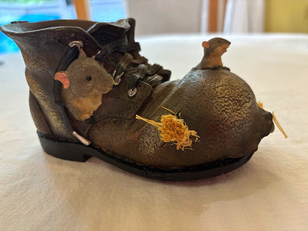 Vintage 90s Resin Boot Planter with Mice Rustic Cottagecore Shoe Figurine 6.5"